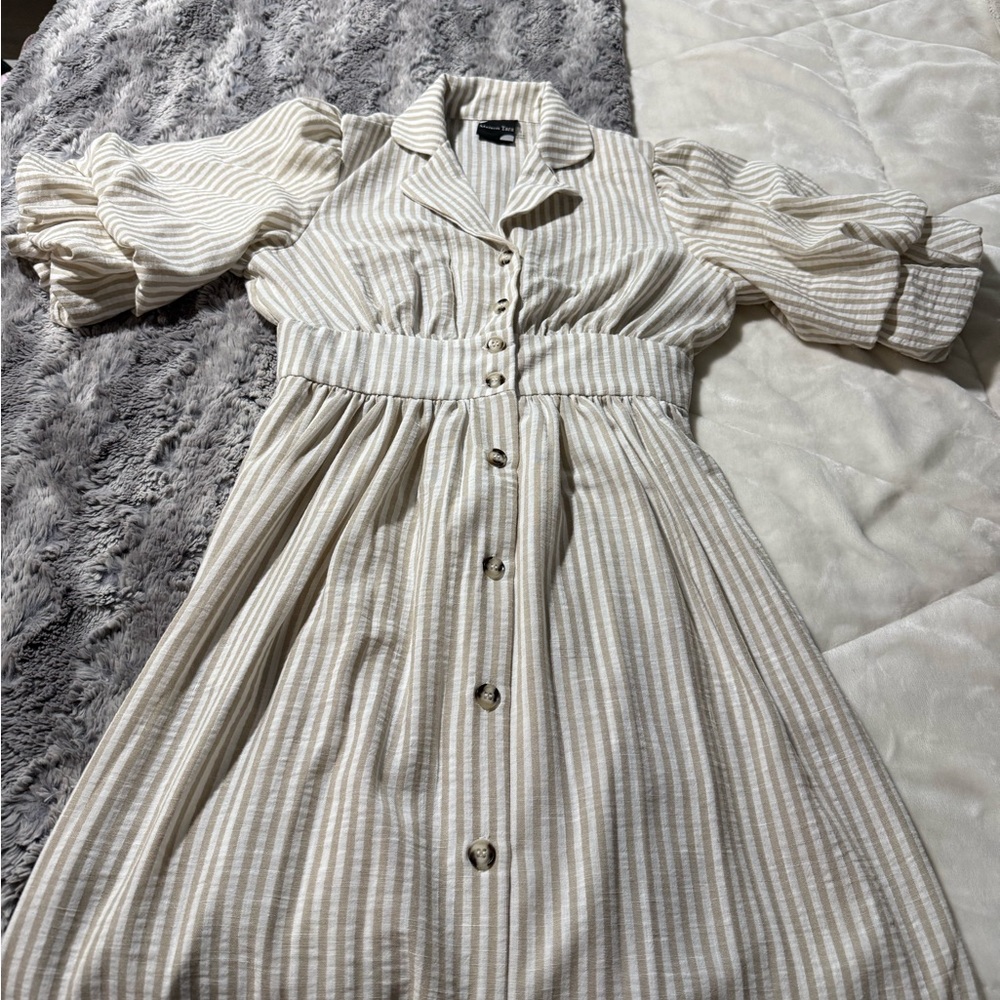 Maison Tara Linen Striped Cream/Tan Button-Up Dress